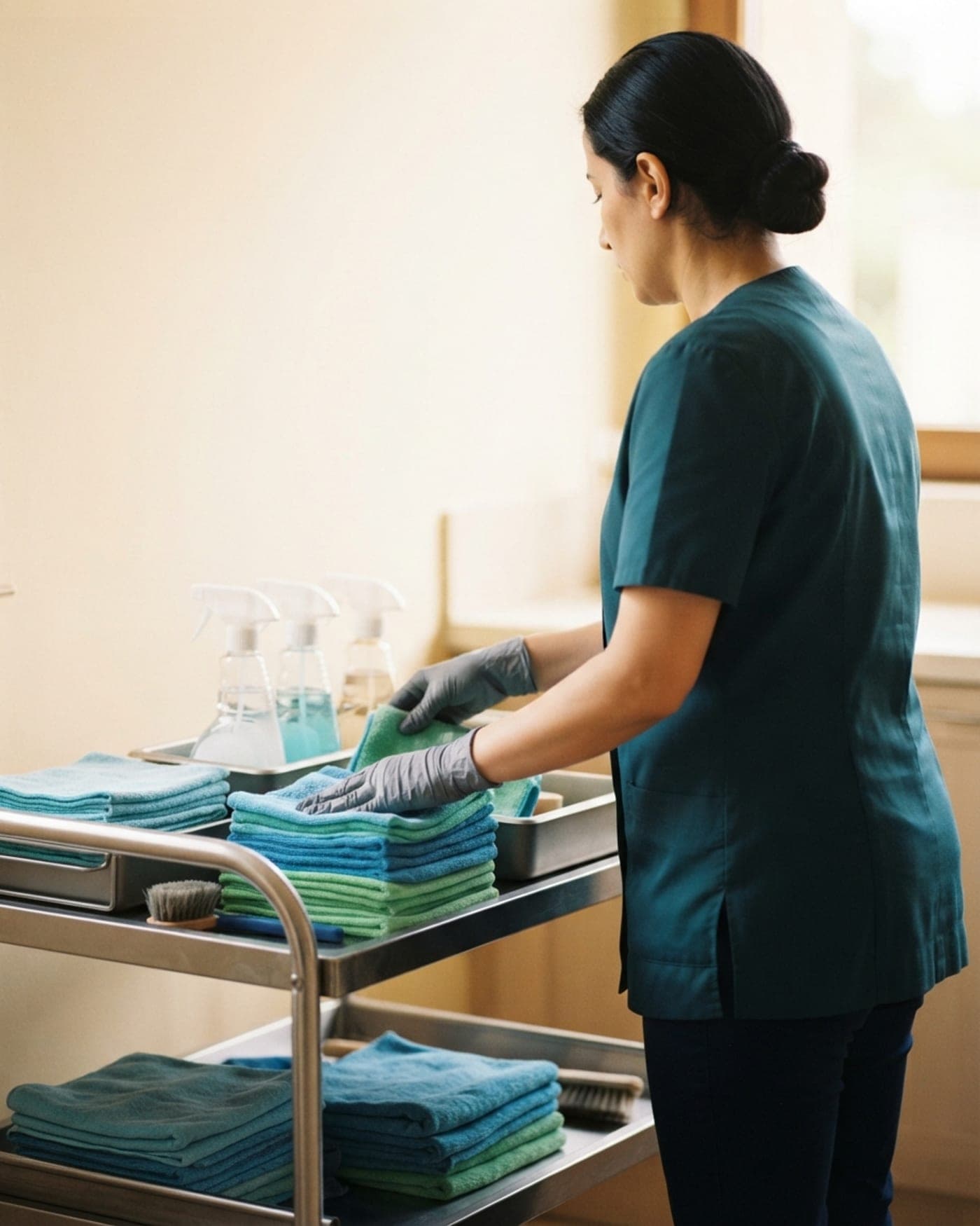 Intervenante réapprovisionnant son chariot de ménage, piles de chiffons microfibres bleus et verts