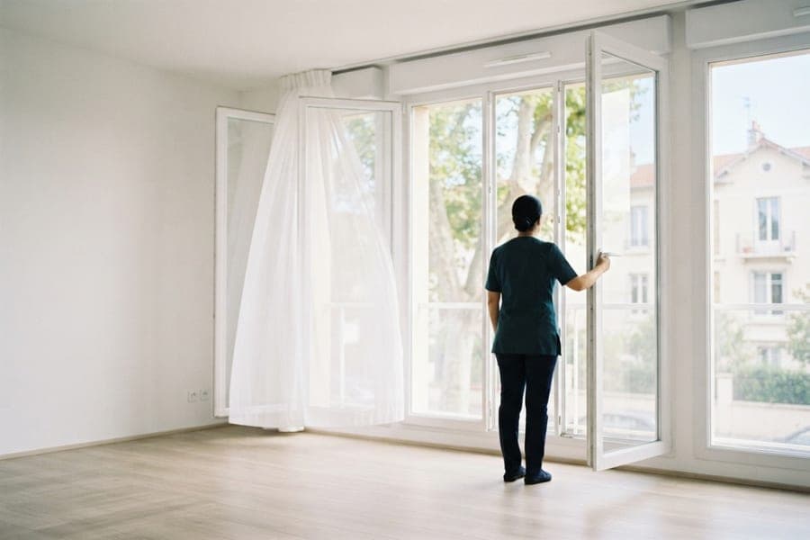 Chambre d'hôtel ou de location, intervenante posant des serviettes pliées sur un lit fait au carré