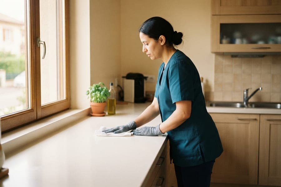 Plan de travail de cuisine clair, intervenante l'essuyant près d'une fenêtre