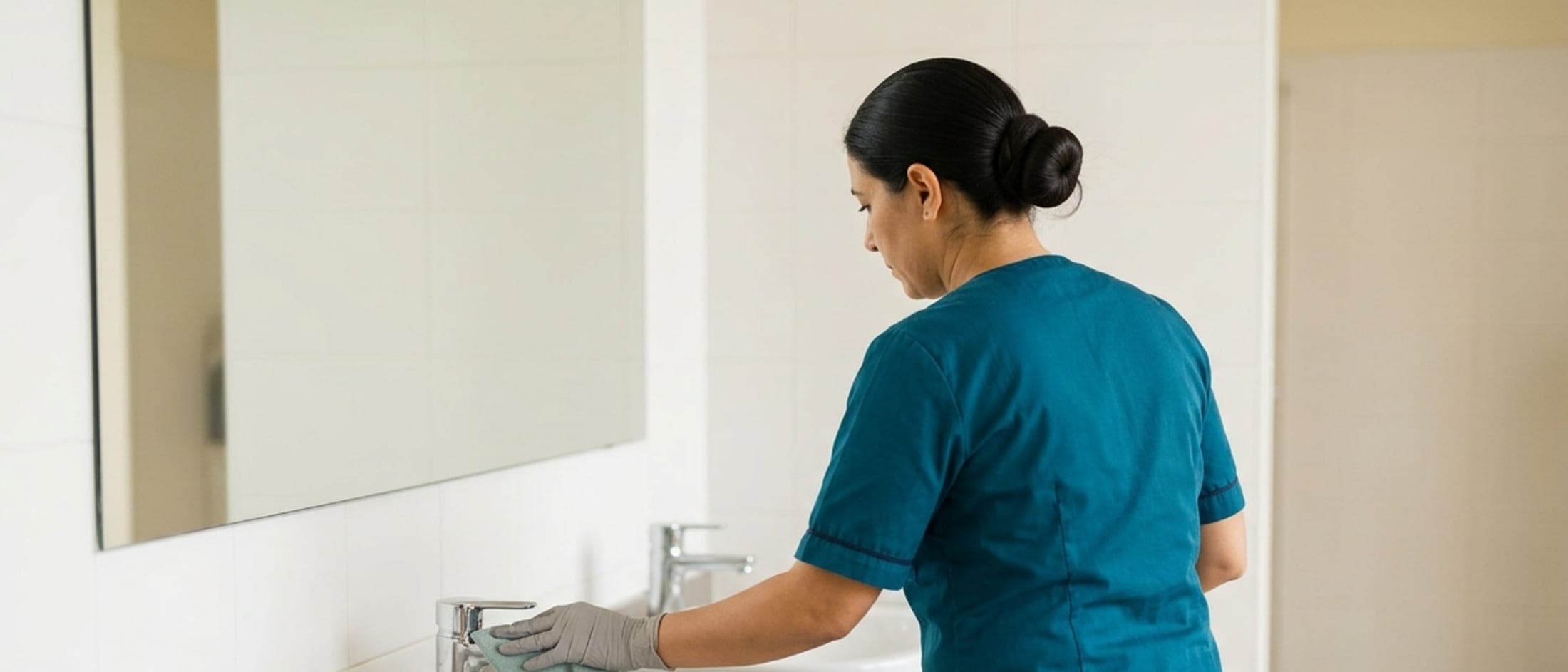 Rangée de vasques et miroirs en sanitaires professionnels, intervenante nettoyant un robinet