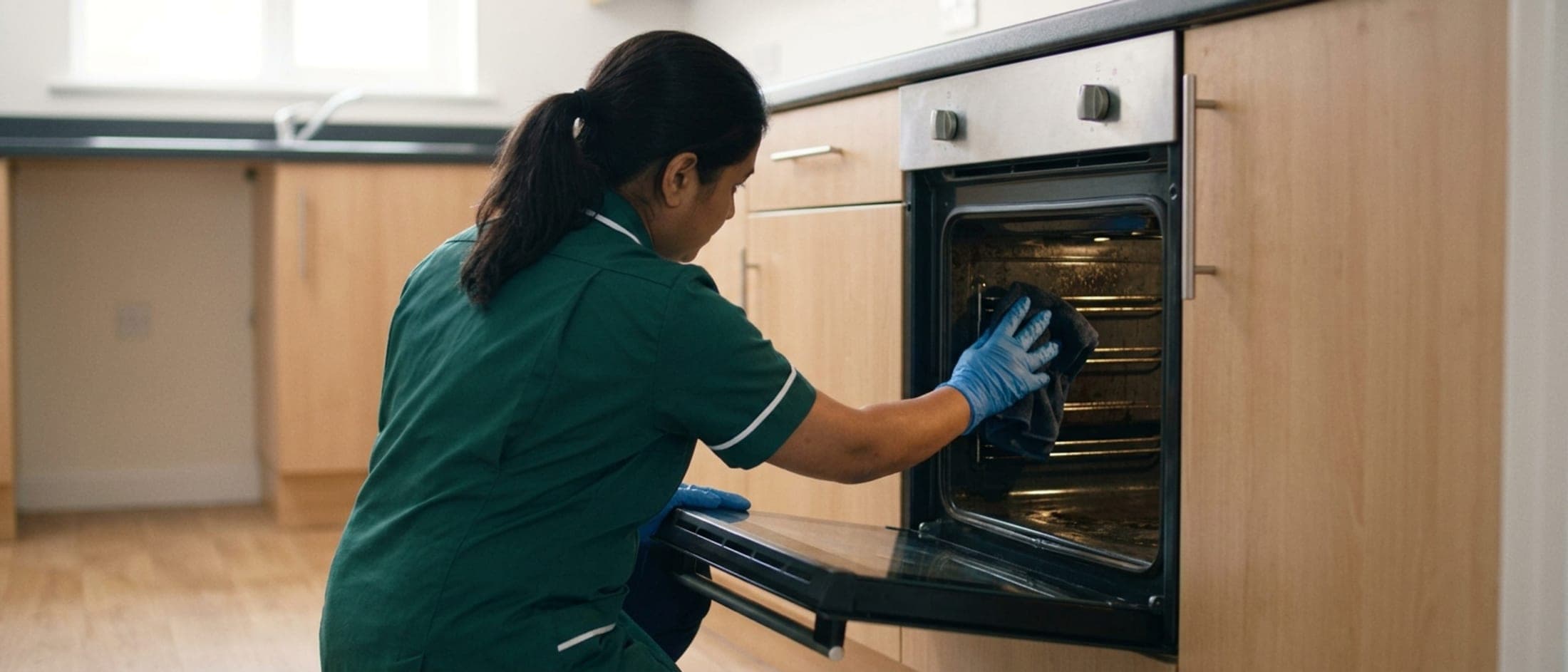 Cuisine claire, intervenante nettoyant l'intérieur d'un four ouvert avec un chiffon