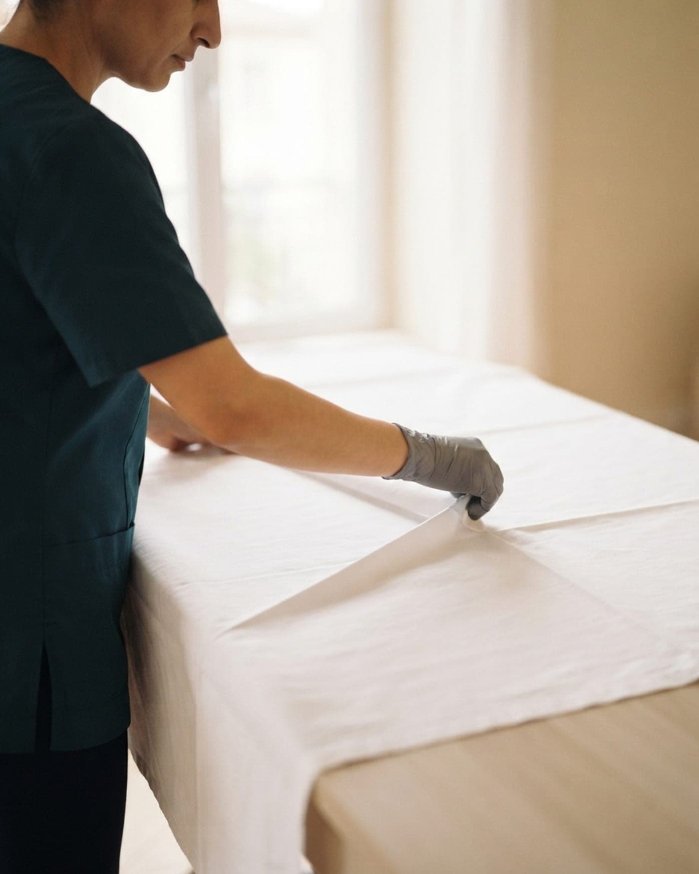 Intervenante lissant un drap blanc sur un lit défait, gros plan sur ses mains gantées