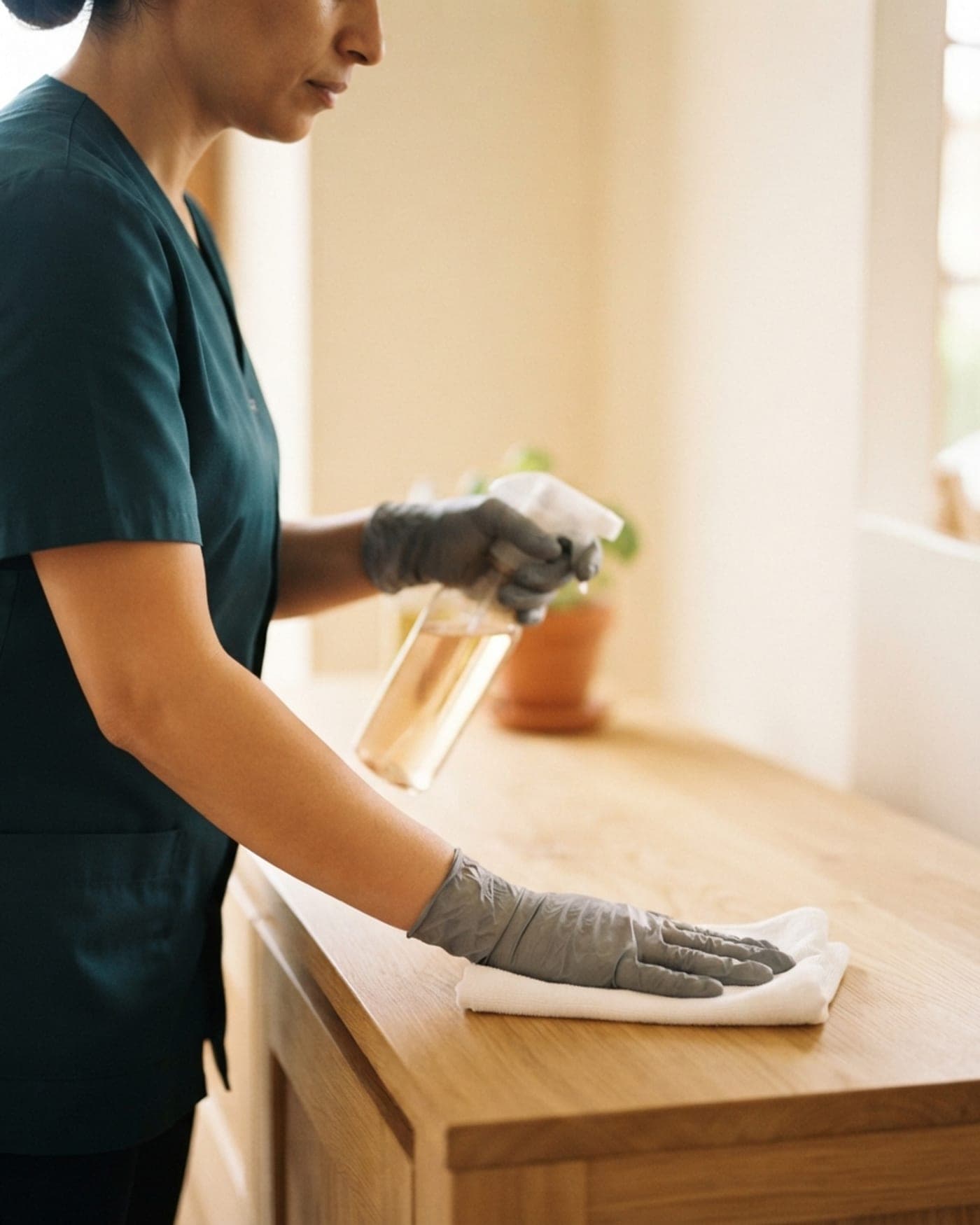 Plan de travail en bois clair, intervenante l'essuyant avec un chiffon et un vaporisateur