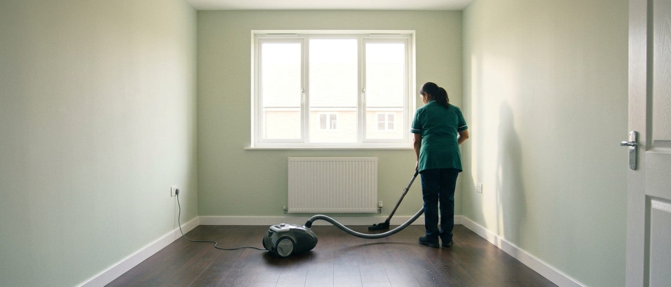 Appartement vide au parquet foncé, intervenante passant l'aspirateur près d'une fenêtre