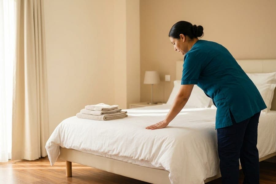 Chambre de location meublée, intervenante posant une serviette pliée au pied d'un lit fait