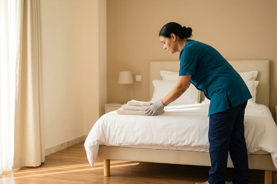 Salon clair et rangé, intervenante ajustant un coussin sur un canapé beige