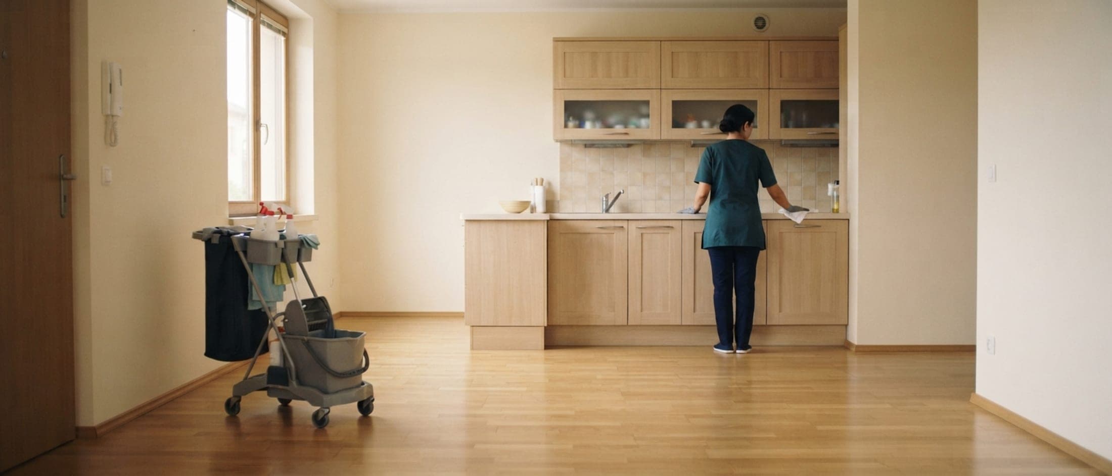 Appartement vide au parquet clair, intervenante et chariot de ménage au fond de la pièce