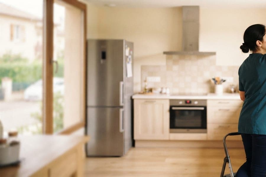 Cuisine ouverte avec réfrigérateur et four, intervenante sur un escabeau essuyant un meuble haut