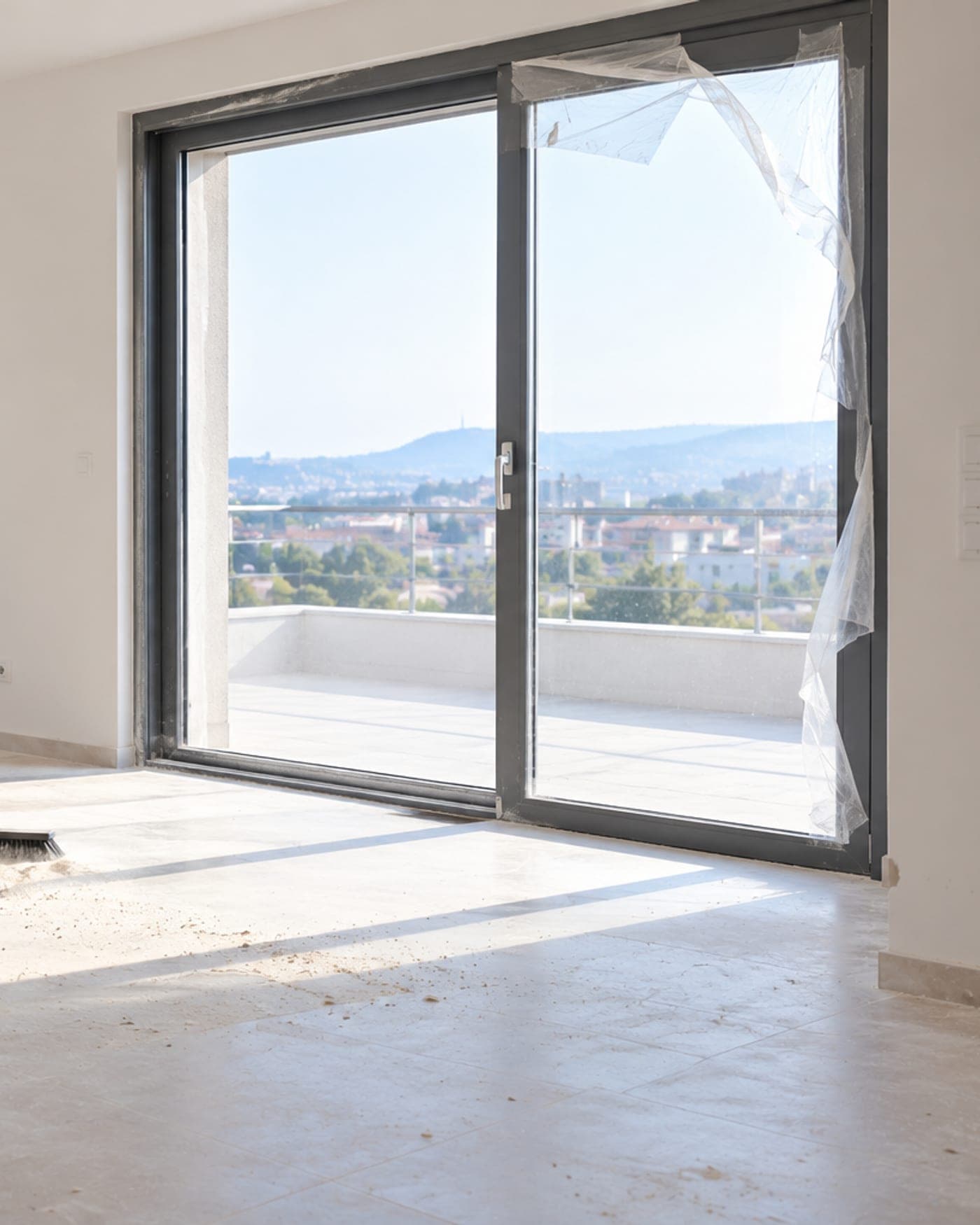 Grand appartement vide et lumineux au parquet clair, larges baies vitrées ouvertes sur la ville
