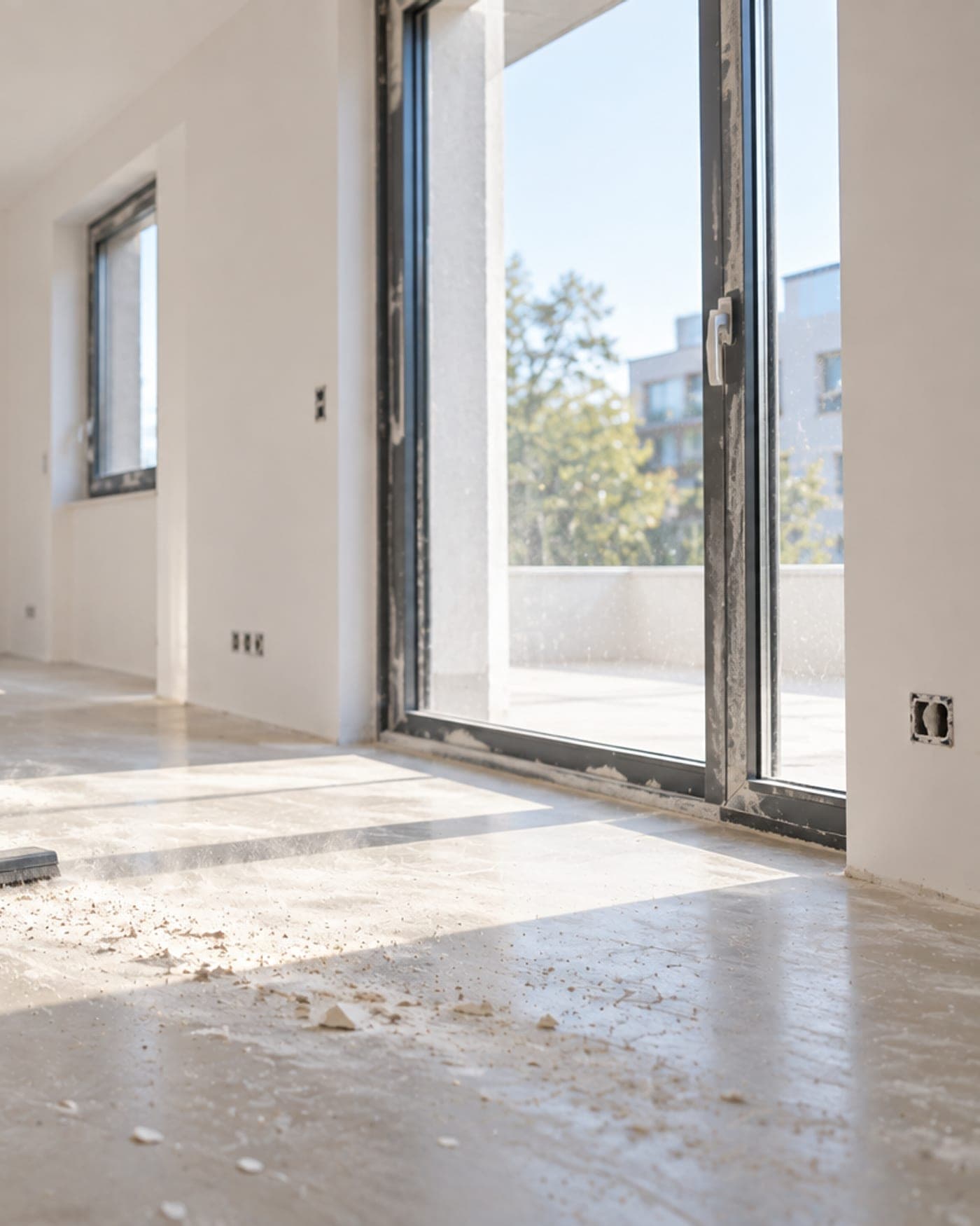 Poussière de plâtre sur un sol clair près d'une baie vitrée ouverte, résidus de chantier visibles