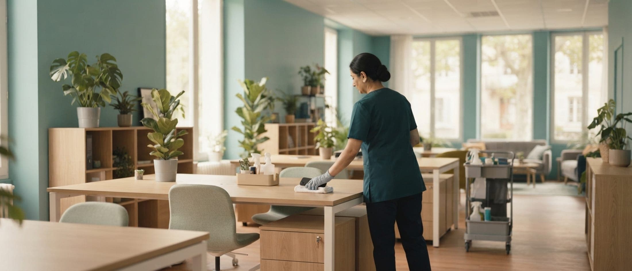 Open space aux murs bleu-vert, intervenante essuyant un bureau entre plantes vertes et mobilier clair