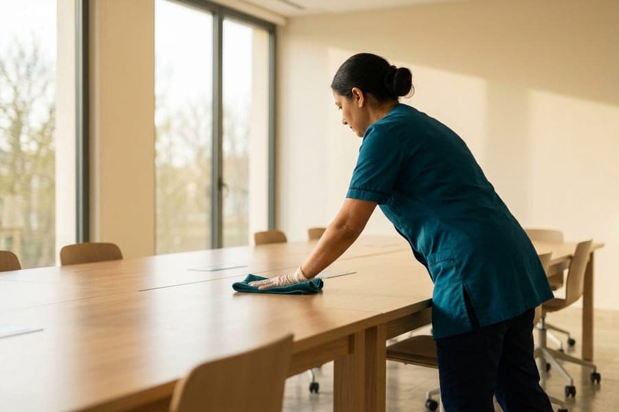 Table de réunion en bois clair, intervenante l'essuyant d'un geste large avec un chiffon bleu