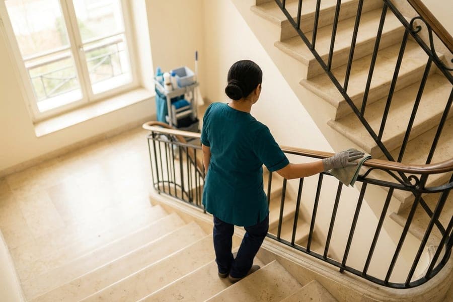 Escalier en pierre claire à rampe métallique, intervenante essuyant la main courante en descendant