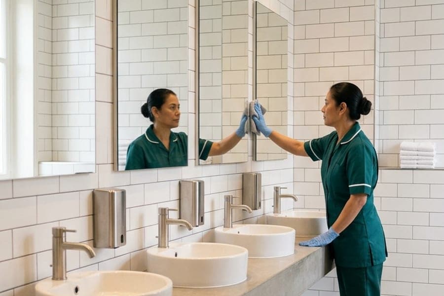 Sanitaires professionnels avec plusieurs vasques et miroirs, intervenante essuyant un miroir